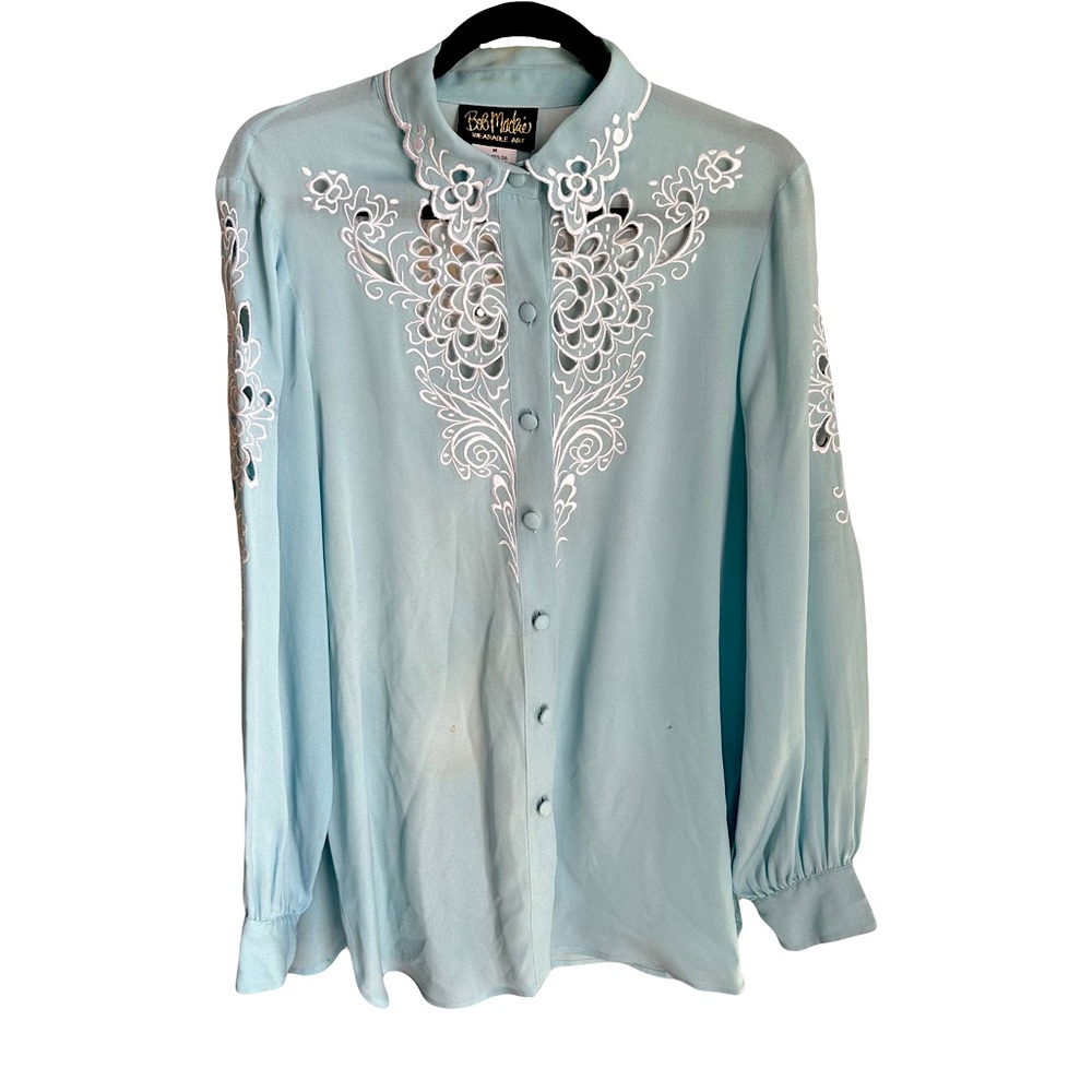 VINTAGE BOB MACKIE BLUE BUTTON UP SILK BLOUSE WITH CUTOUT DETAILS - SIZE M